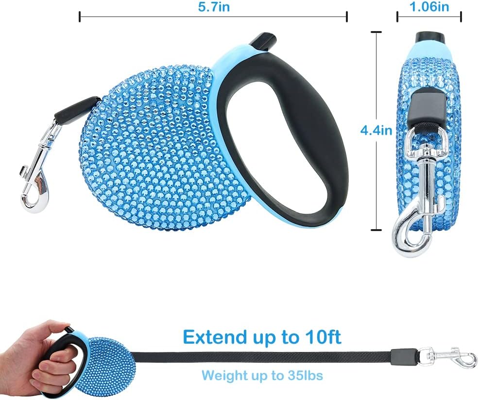 Triumilynn Blue Rhinestone Retractable Dog Leash for Small Medium Dog Cat up to 44lbs with Waste Bags Dispenser, 360° Tangle-Free, One Button Release & Lock Function