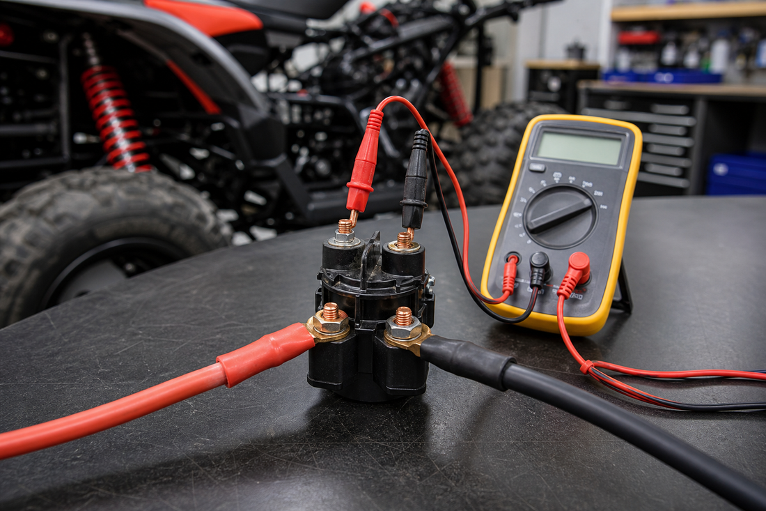 Yamaha ATV starter solenoid diagnostic setup with multimeter