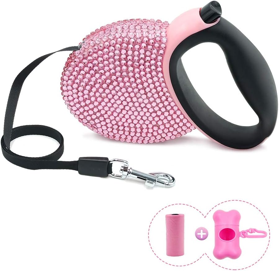 Triumilynn Rhinestone Retractable Dog Leash Bling 10ft, Cat Walking Leash Pink for Small Breed, Gift Waste Bags Dispenser Included, 360° Tangle-Free