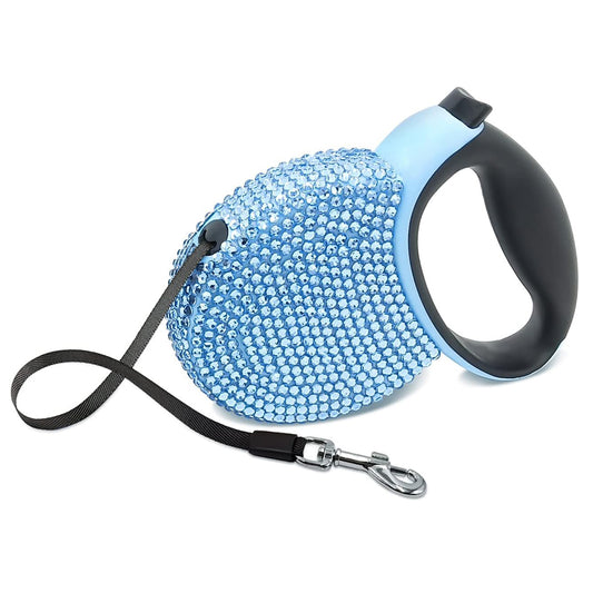 Triumilynn Blue Rhinestone Retractable Dog Leash for Small Medium Dog Cat up to 44lbs with Waste Bags Dispenser, 360° Tangle-Free, One Button Release & Lock Function