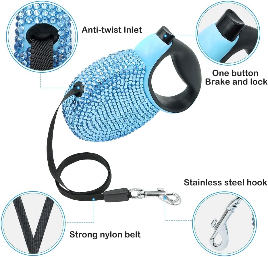 Triumilynn Blue Rhinestone Retractable Dog Leash for Small Medium Dog Cat up to 44lbs with Waste Bags Dispenser, 360° Tangle-Free, One Button Release & Lock Function