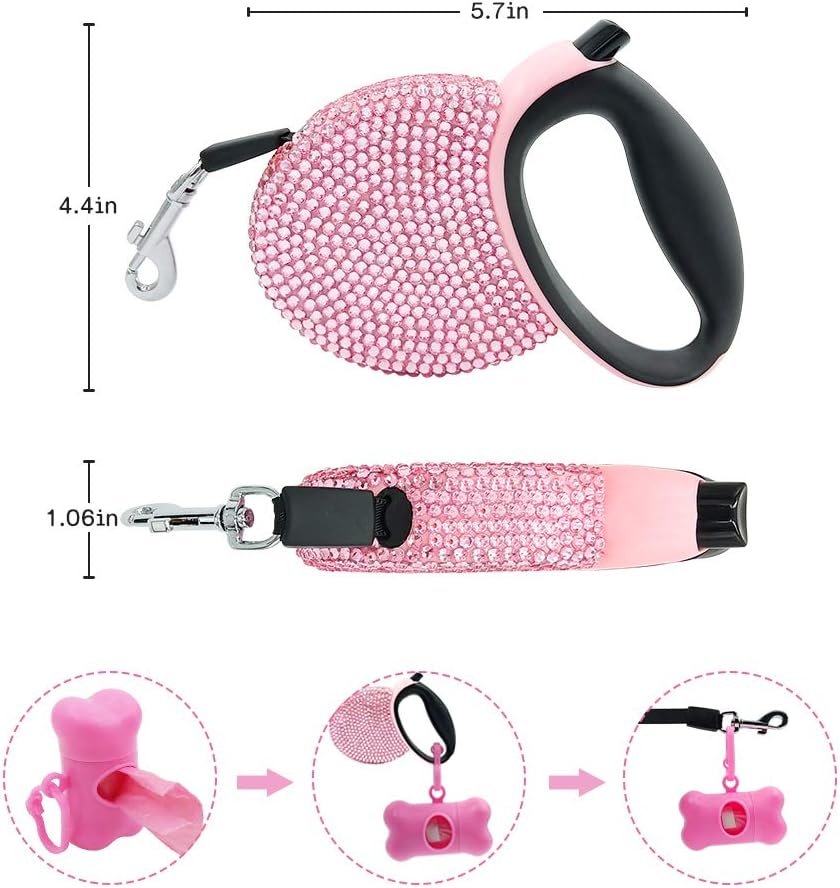 Triumilynn Rhinestone Retractable Dog Leash Bling 10ft, Cat Walking Leash Pink for Small Breed, Gift Waste Bags Dispenser Included, 360° Tangle-Free