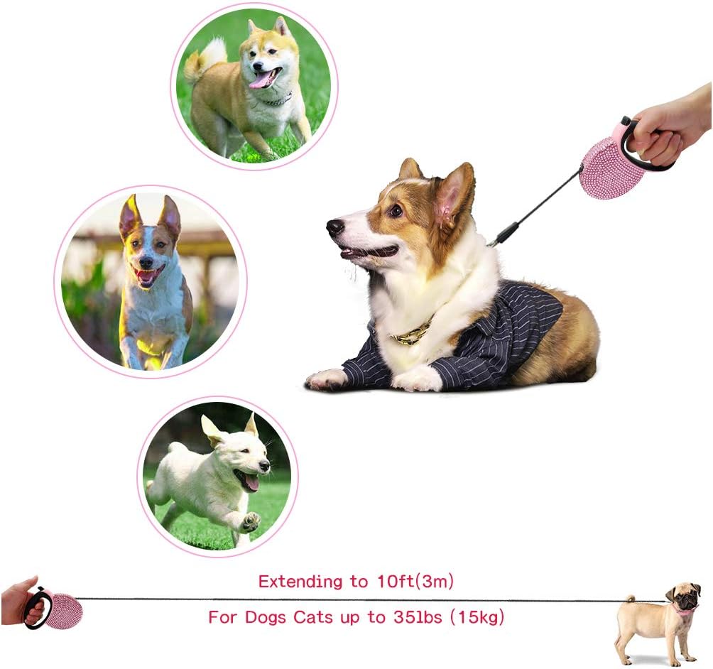 Triumilynn Rhinestone Retractable Dog Leash Bling 10ft, Cat Walking Leash Pink for Small Breed, Gift Waste Bags Dispenser Included, 360° Tangle-Free