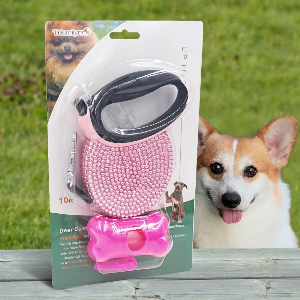 Triumilynn Rhinestone Retractable Dog Leash Bling 10ft, Cat Walking Leash Pink for Small Breed, Gift Waste Bags Dispenser Included, 360° Tangle-Free