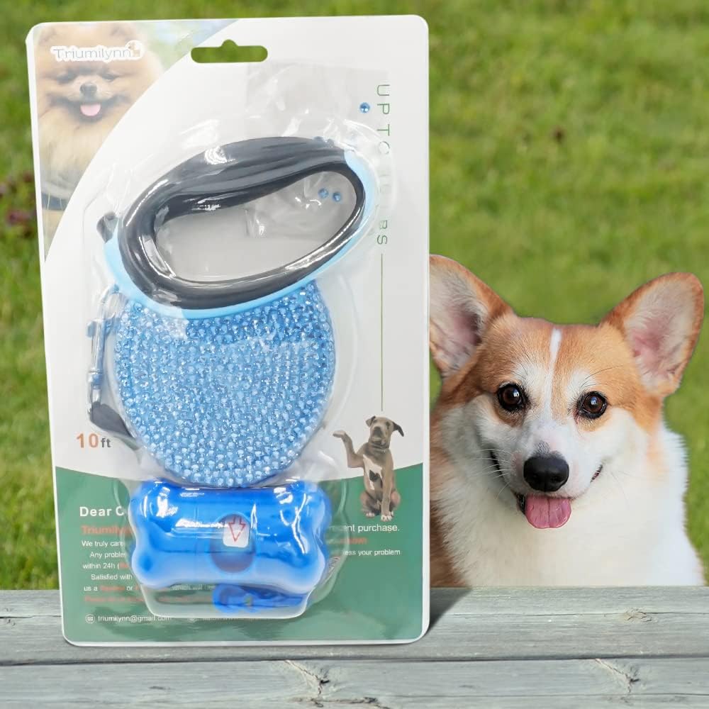 Triumilynn Blue Rhinestone Retractable Dog Leash for Small Medium Dog Cat up to 44lbs with Waste Bags Dispenser, 360° Tangle-Free, One Button Release & Lock Function