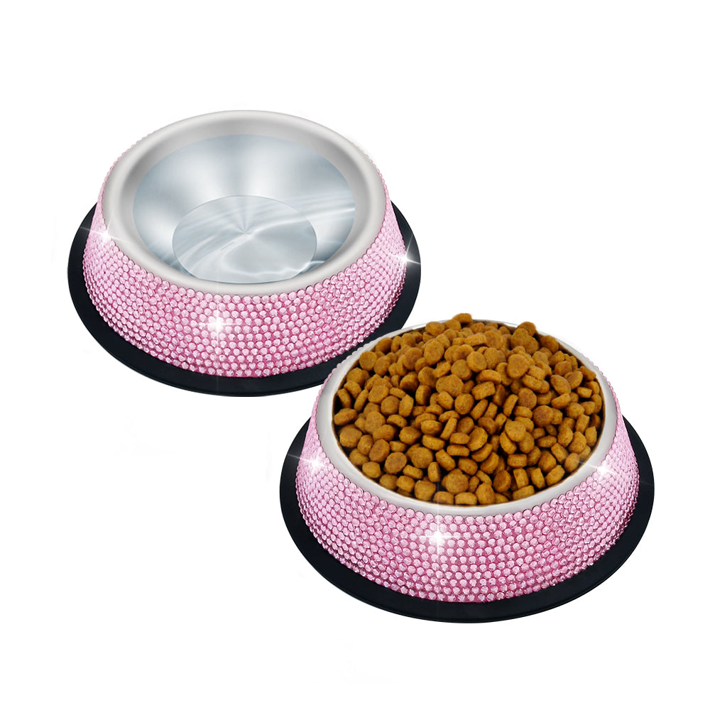 Triumilynn Rhinestone Cat Bowls, Pink Bling Dog Bowl Stainless Steel for Small Pets Food Water Dishes-2 Pack