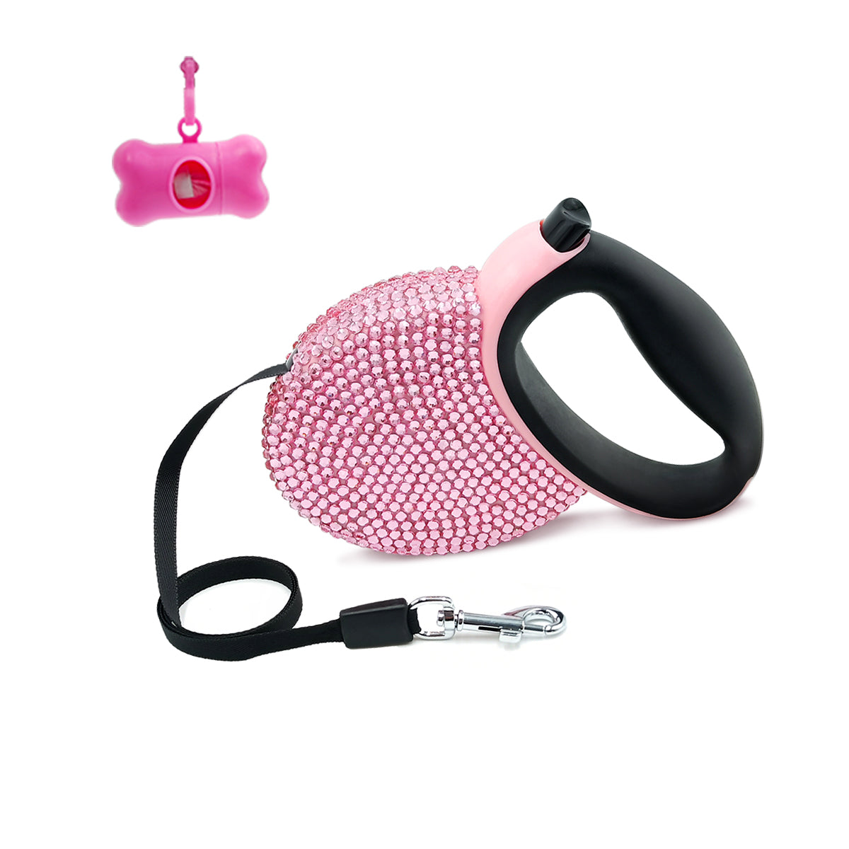 Triumilynn Rhinestone Retractable Dog Leash Bling 10ft, Cat Walking Leash Pink for Small Breed, Gift Waste Bags Dispenser Included, 360¡ã Tangle-Free