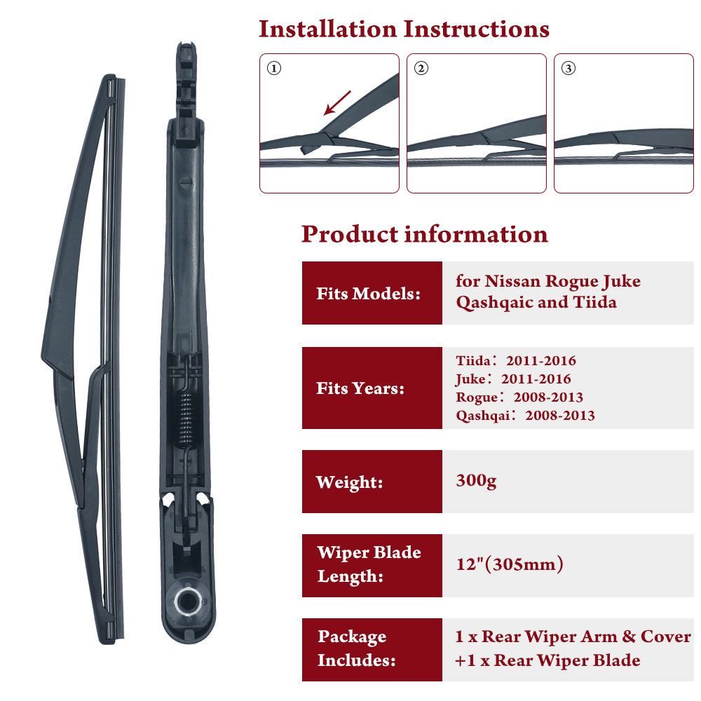 Triumilynn Rear Windsheild Wiper Arm Blade for Nissan Rogue 2008-2013 Nissan Juke 2011-2016 No.: 28780-JM00A, 12" Back Wiper