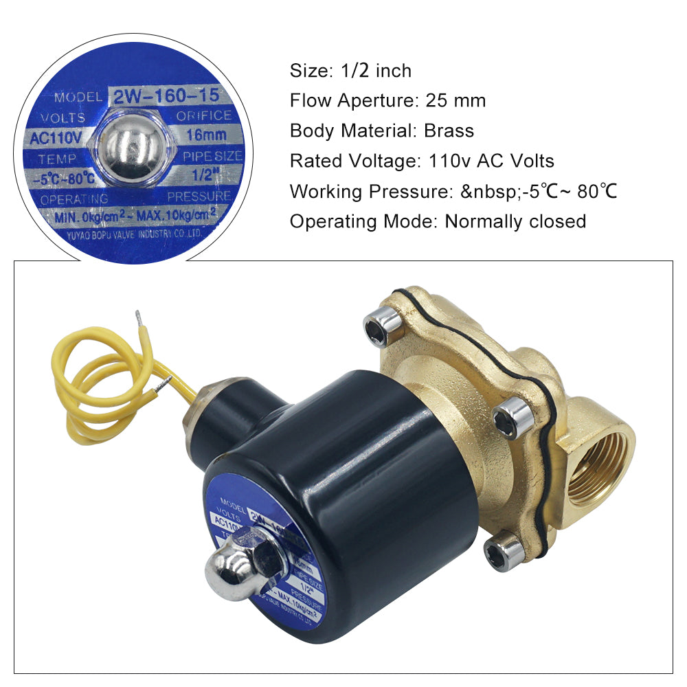 Triumilynn 1/2 Electric Solenoid Valve NPT 110V AC Normally Closed Robust Brass High Flow for Air Water Gas