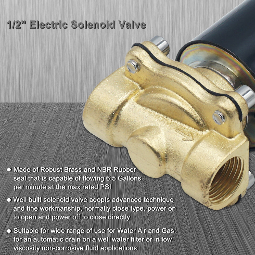 Triumilynn 1/2 Electric Solenoid Valve NPT 110V AC Normally Closed Robust Brass High Flow for Air Water Gas